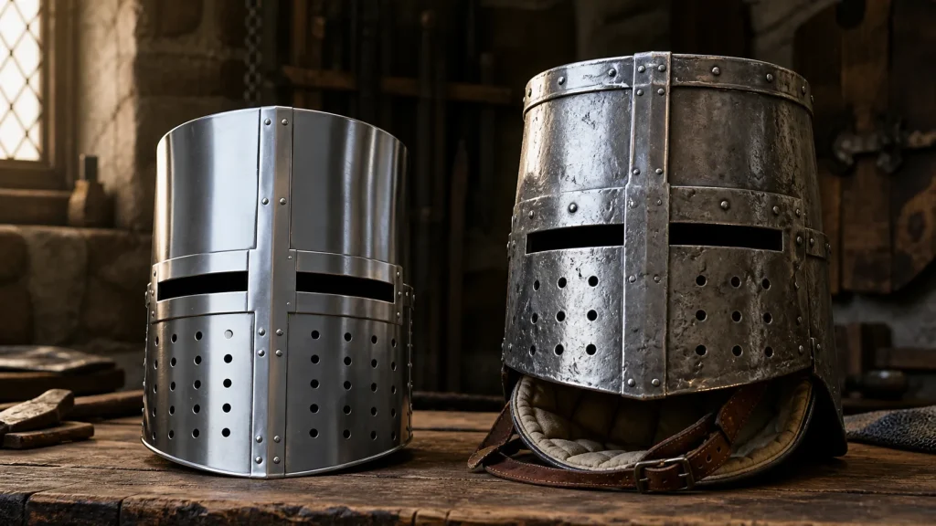 Comparación entre casco templario decorativo y casco de recreación
