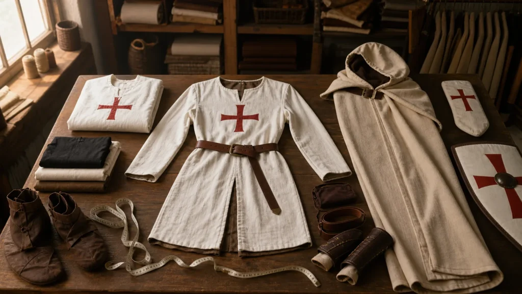 Túnica, capa y accesorios para un disfraz templario