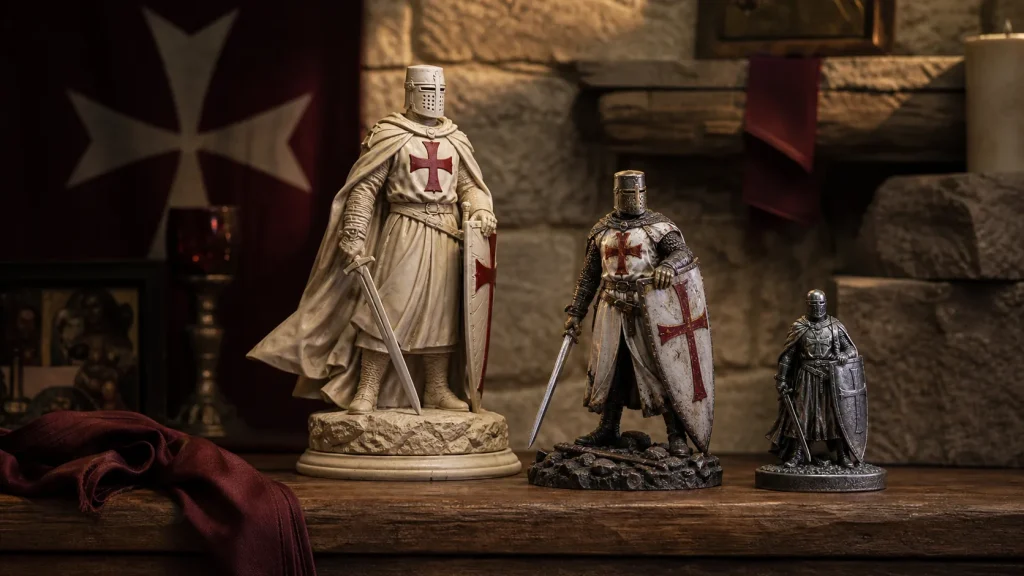 Tres figuras templarias de diferentes escalas y materiales