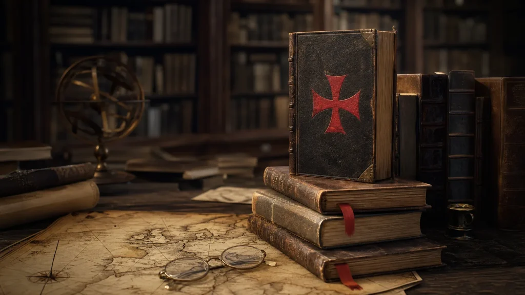 Libros de historia templaria sobre un mapa antiguo